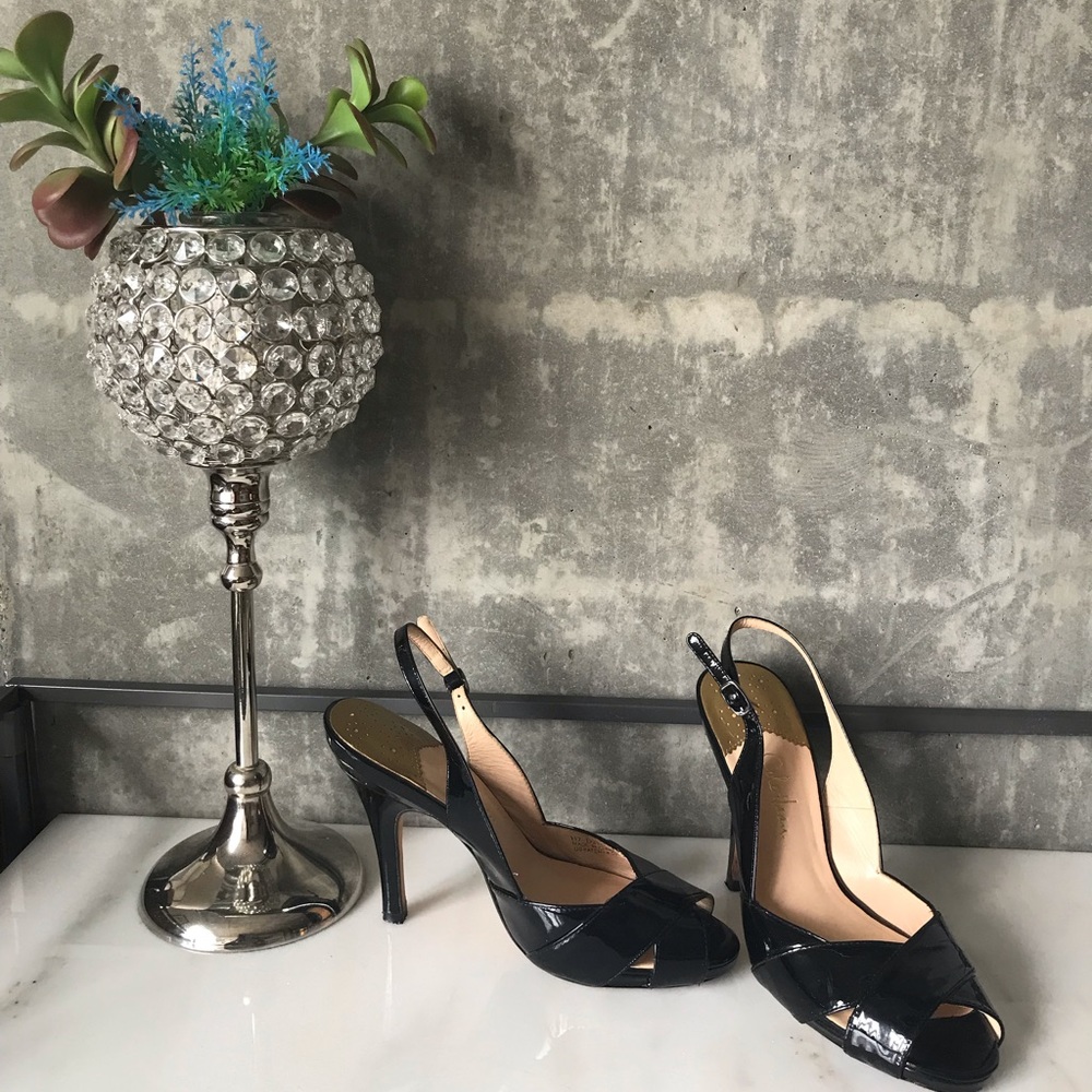Cole Haan Slingback Peep Toe Heels - Black Patent Leather 5.5B